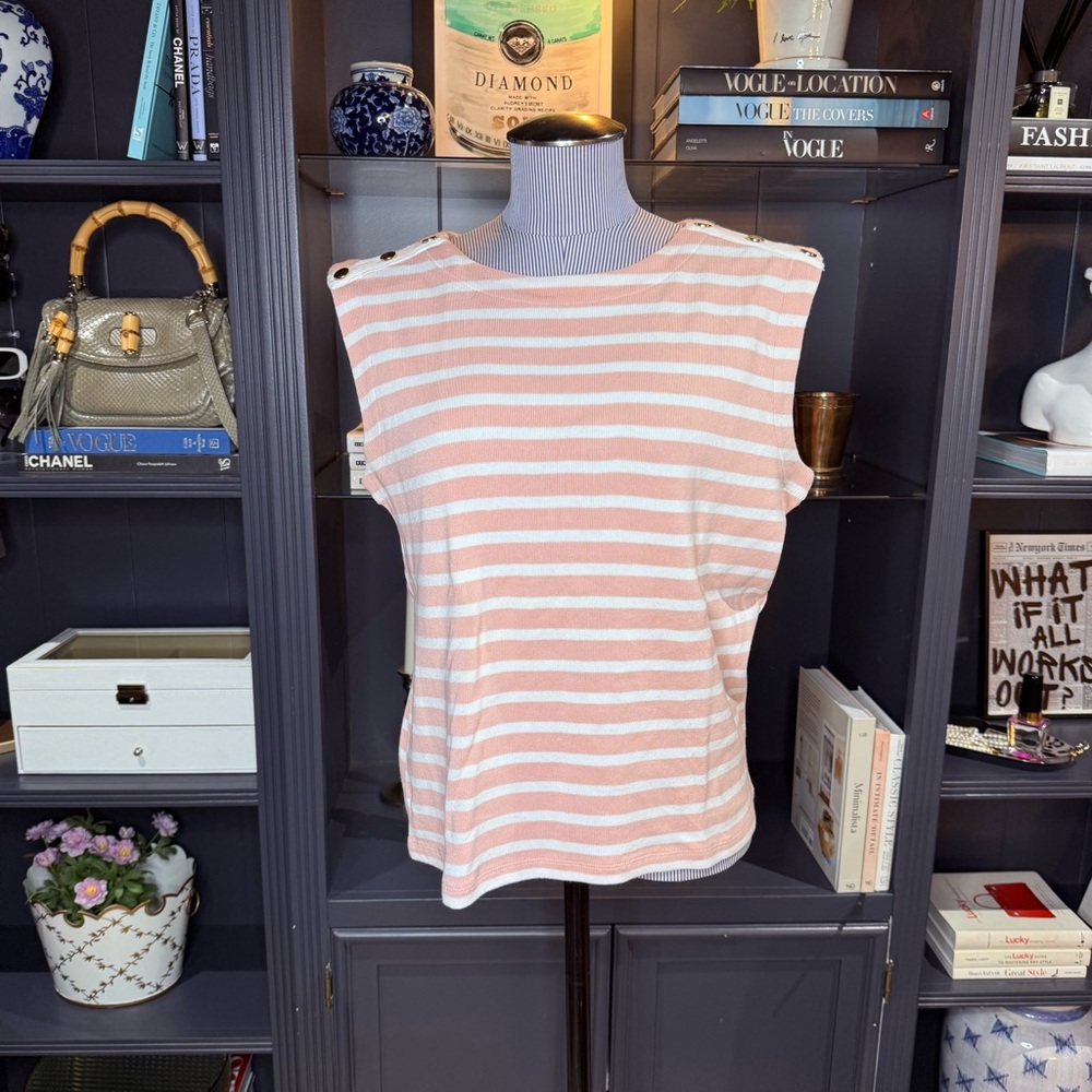 Ann Taylor Weekend Pink & White Striped Button-Shoulder Top – Size M